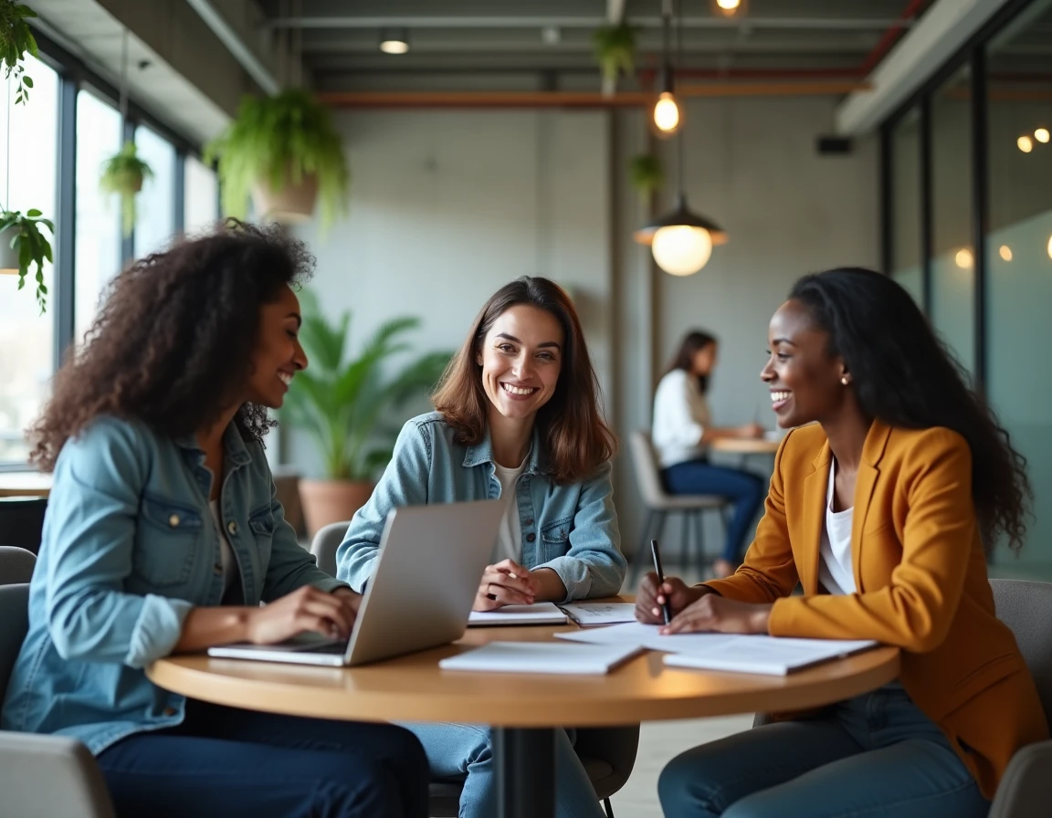 Groupe de professionnels en réunion collaborative dans un espace de coworking moderne, illustrant la relance de carrière après un burn out