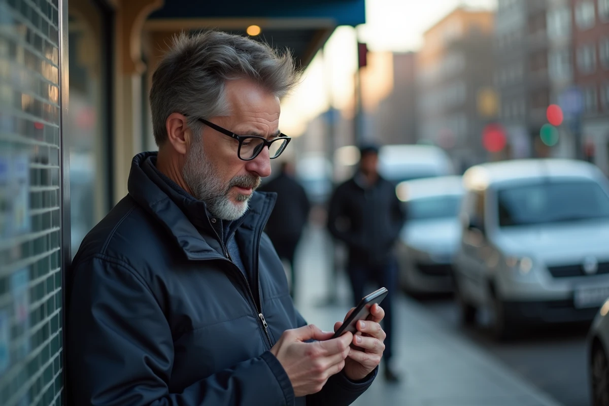 Homme consultant les dernières actualités sur smartphone dans un environnement urbain animé