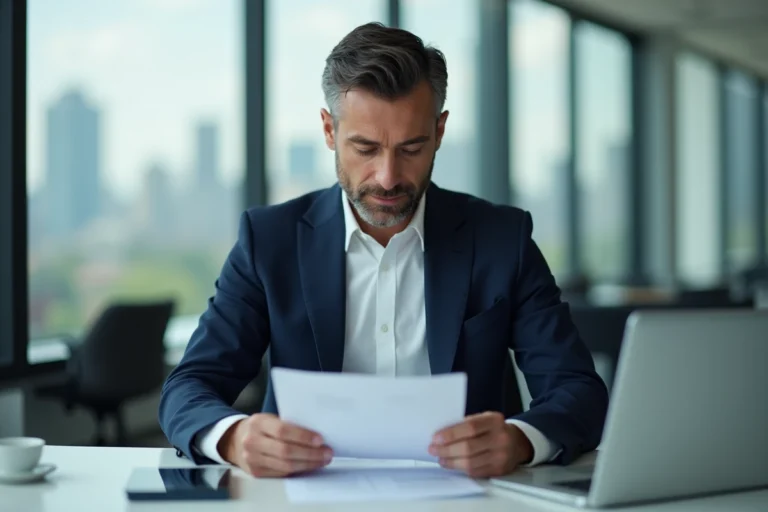 Homme en costume regardant des documents financiers