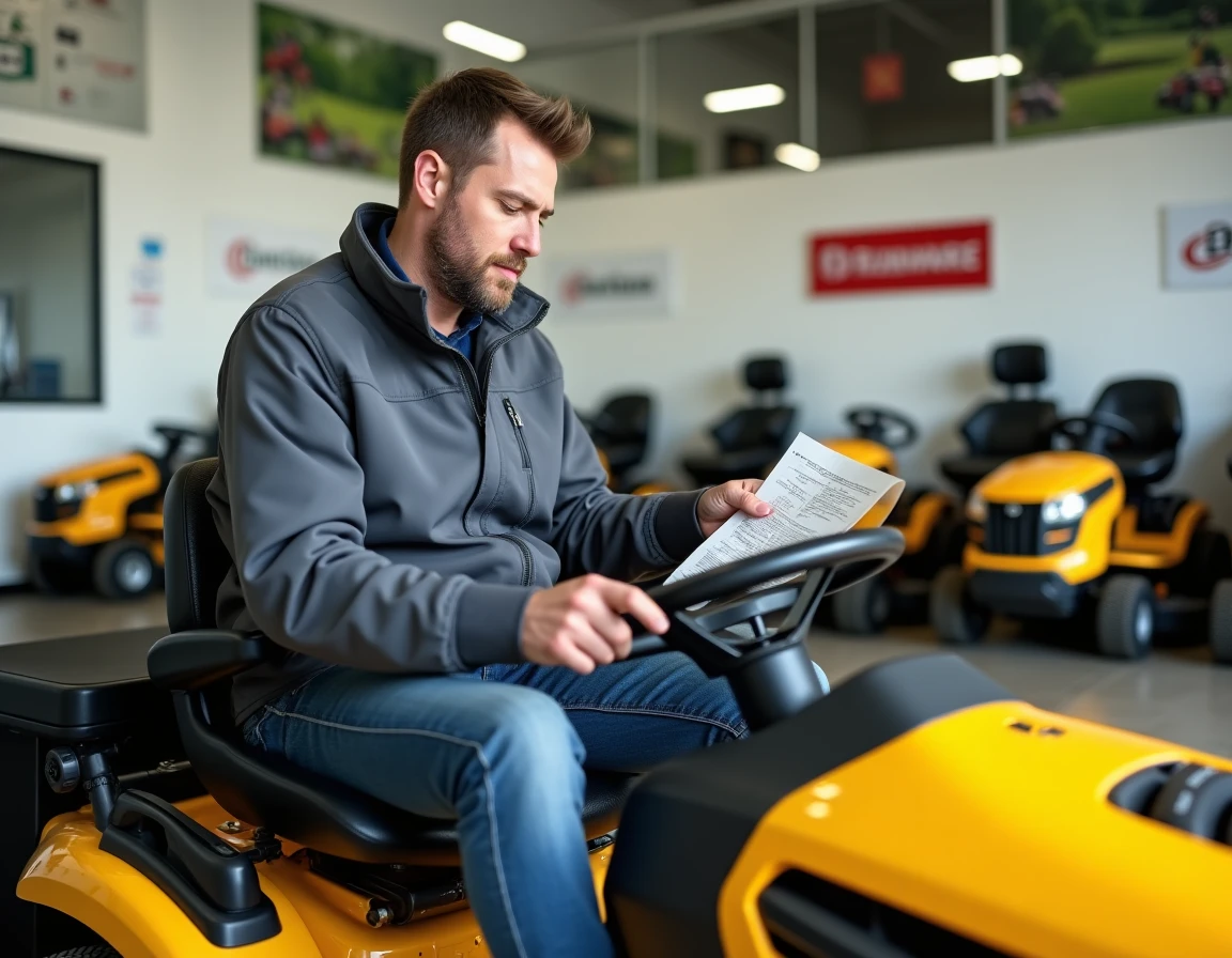 Un homme assis sur un tracteur tondeuse lit la fiche technique du modèle dans un showroom de matériel de jardin