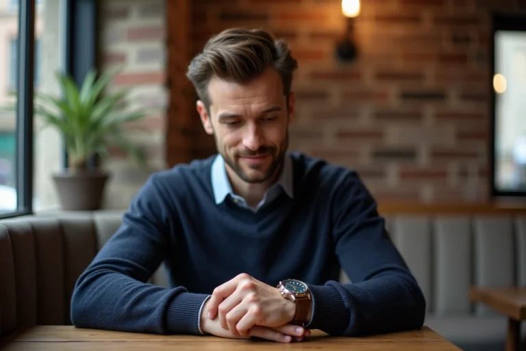 Homme en café ajustant une montre classique à son poignet