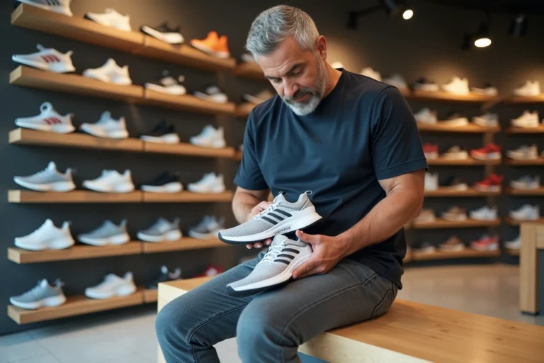 Homme comparant chaussures de course en magasin