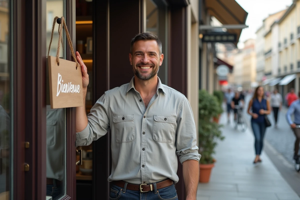 Homme fiere devant sa boutique avec panneau bienvenue