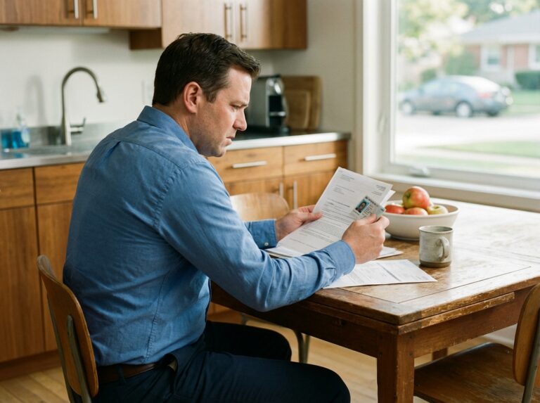 Homme inquiet examinant des documents officiels