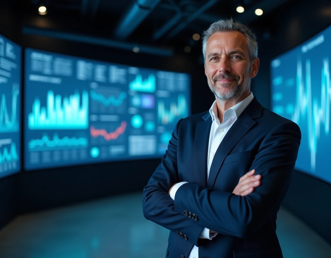 Homme devant un mur d'écrans affichant des tableaux de bord de données et des interfaces d'intelligence artificielle dans un laboratoire d'innovation