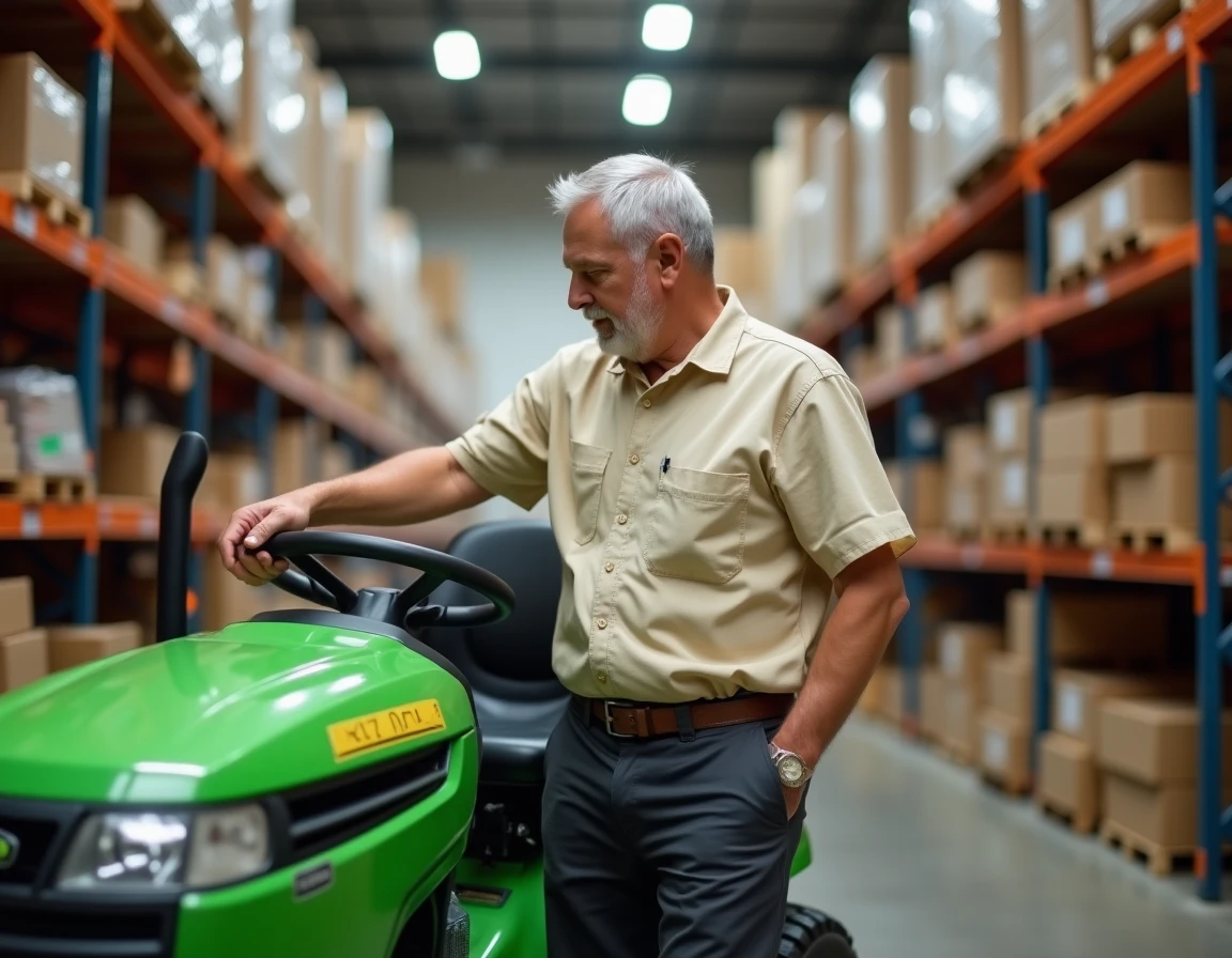 Un homme examine un tracteur tondeuse dans un magasin Brico Dépôt, comparant les modèles disponibles en rayon