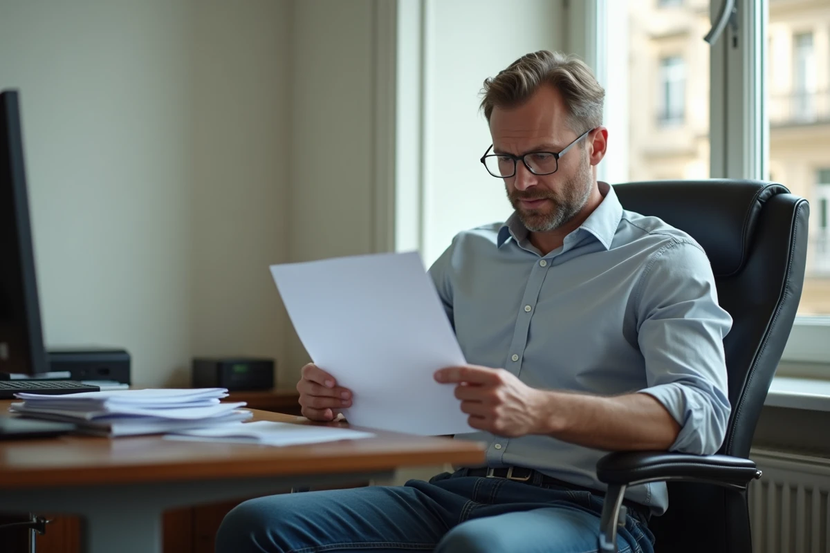 Homme lisant une lettre dans un bureau administratif français