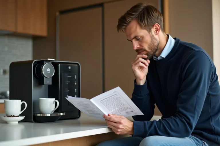 Homme d'âge moyen lisant un manuel de café dans la cuisine