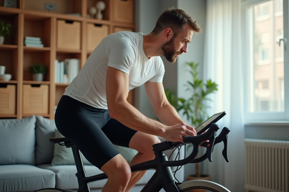 Homme réglant la résistance du vélo d'appartement Sportstech X150 dans un salon aménagé en salle de sport