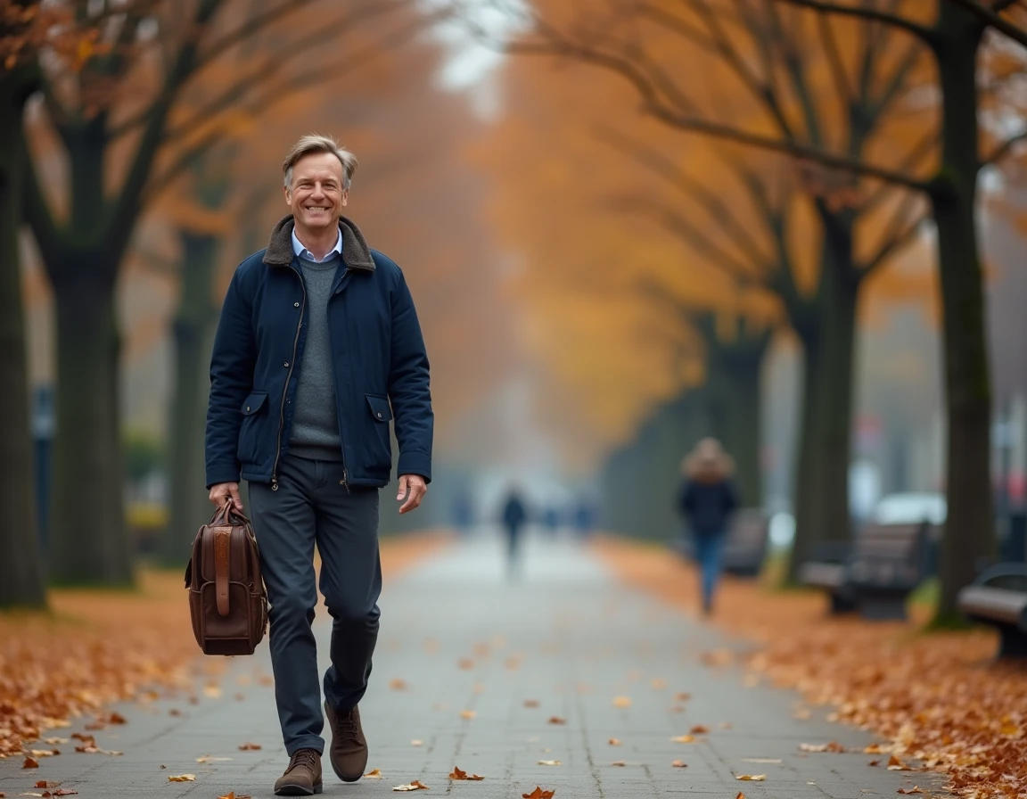 Homme marchant avec assurance dans un parc en automne, symbolisant le retour à la vie active après un épuisement professionnel