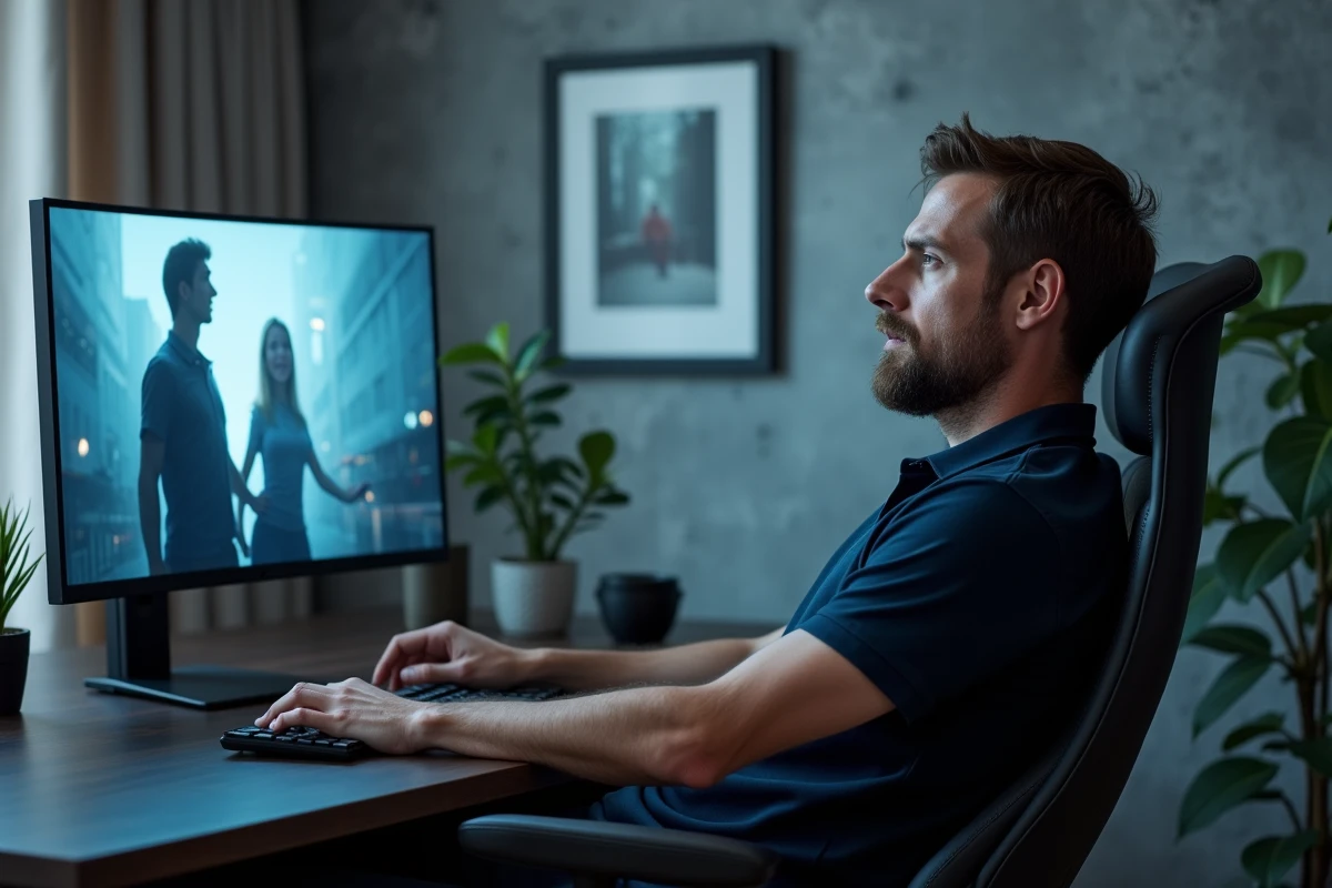 Homme regardant une plateforme de streaming sur grand écran dans un bureau à domicile moderne et bien organisé