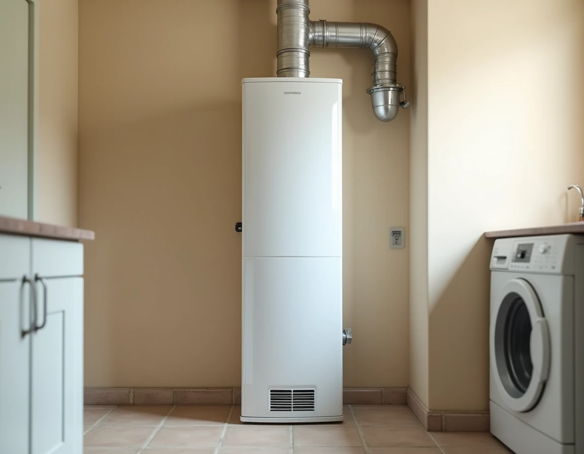 Chauffe-eau thermodynamique avec gaine de ventilation raccordée dans une petite buanderie résidentielle