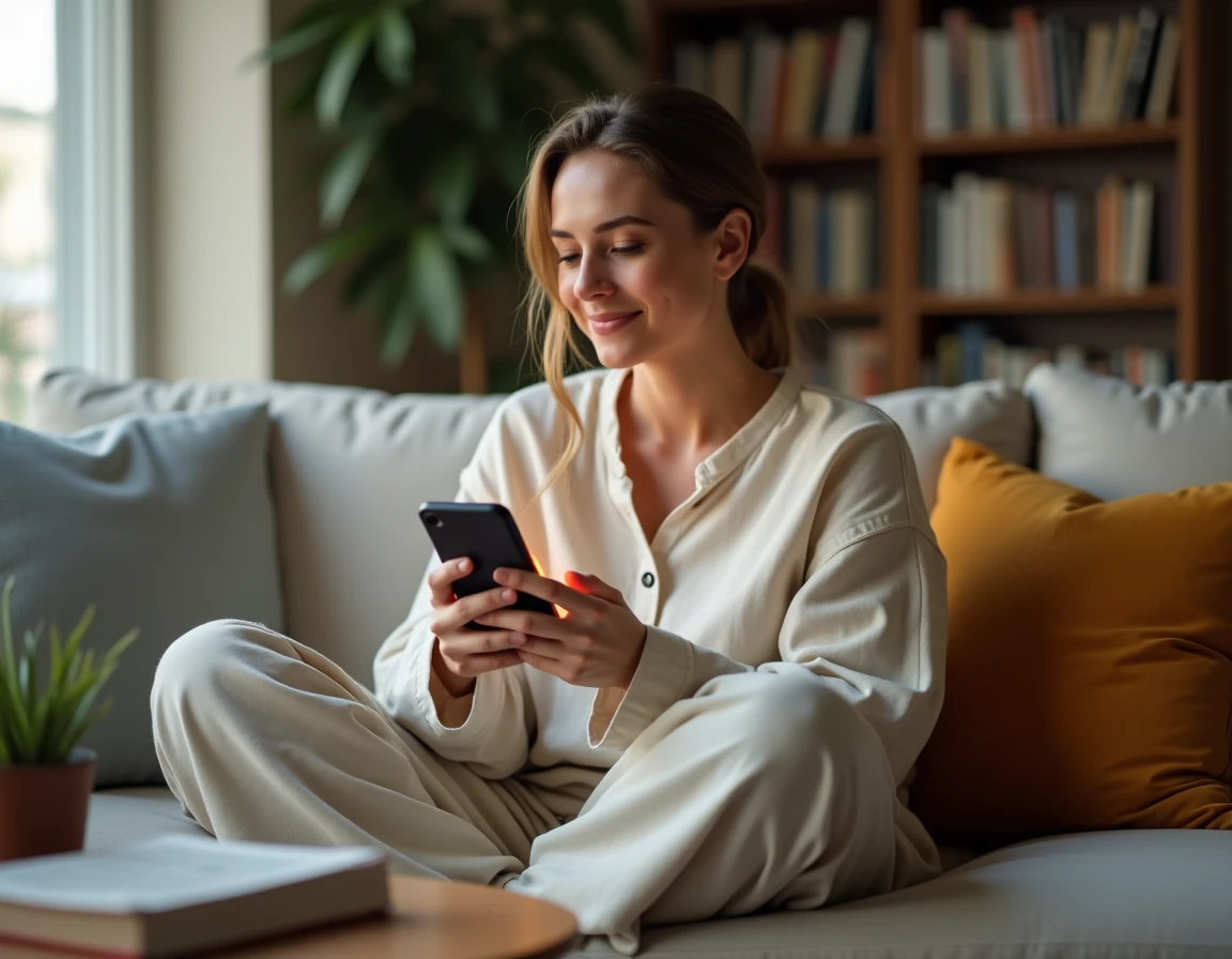 Jeune femme révisant la conjugaison française sur une application smartphone, assise dans un salon confortable avec un guide de grammaire posé sur la table