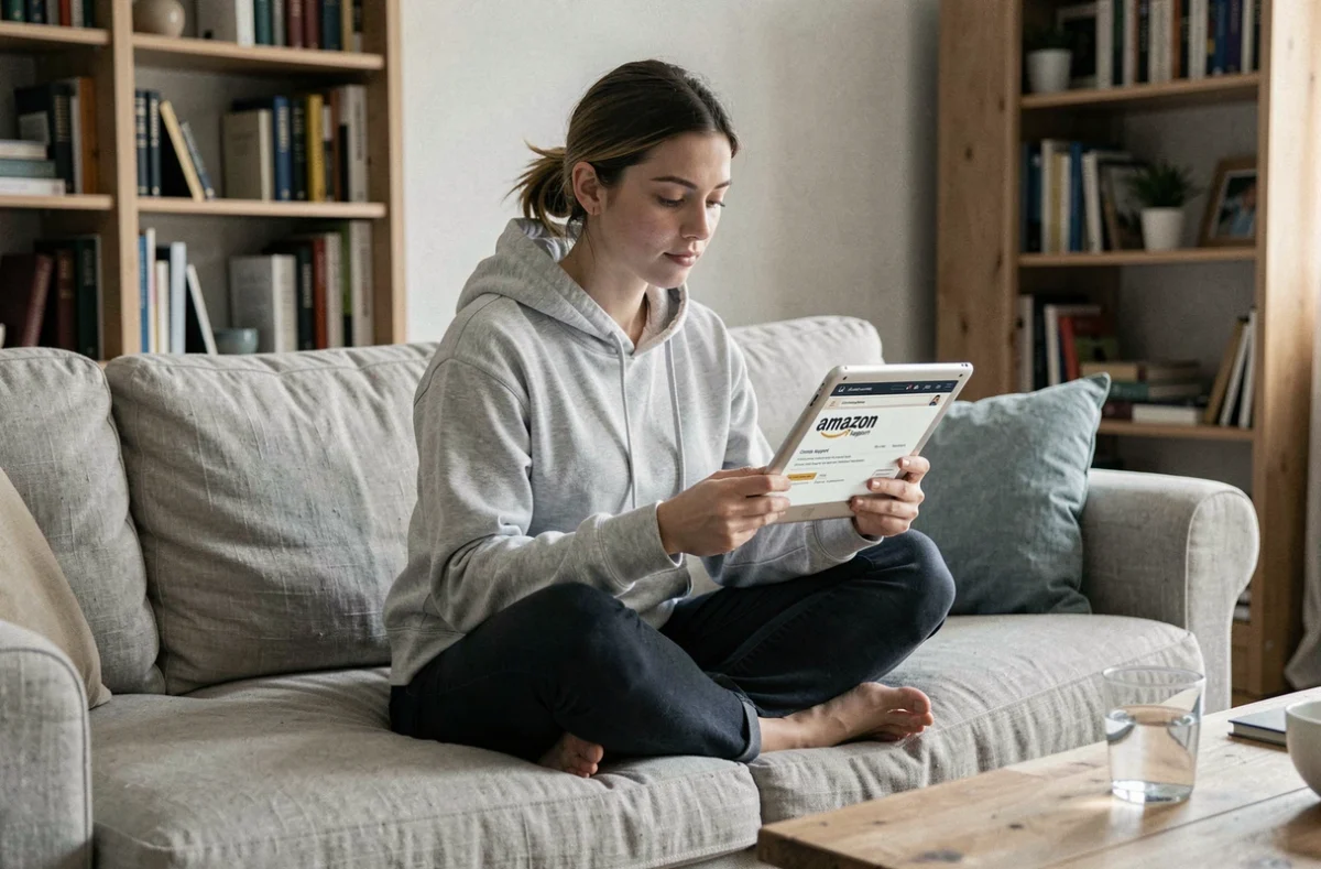 Jeune femme consultant les options de contact du service client Amazon sur une tablette dans son salon