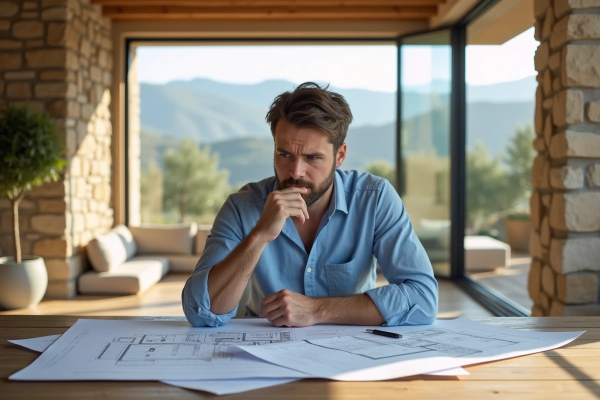 Jeune homme examinant des plans dans un salon lumineux
