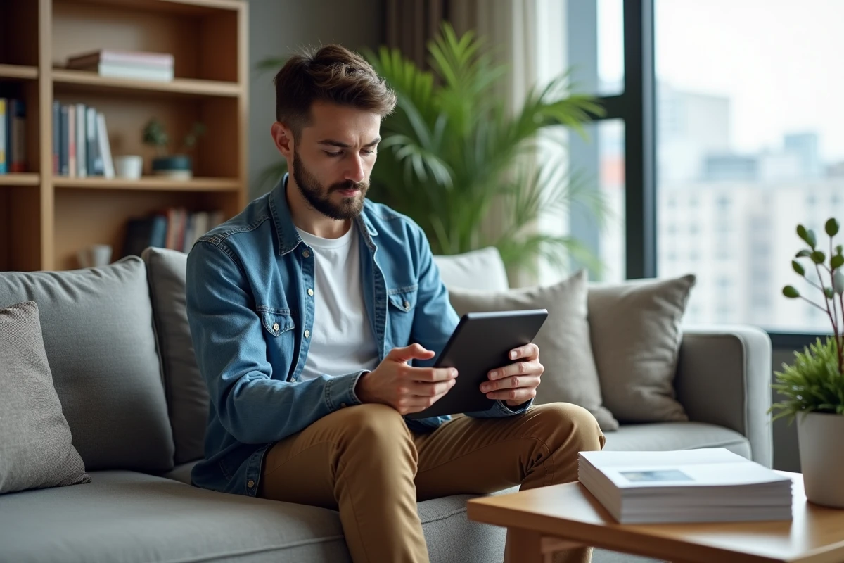 Jeune homme comparant catalogue papier et digital dans le salon