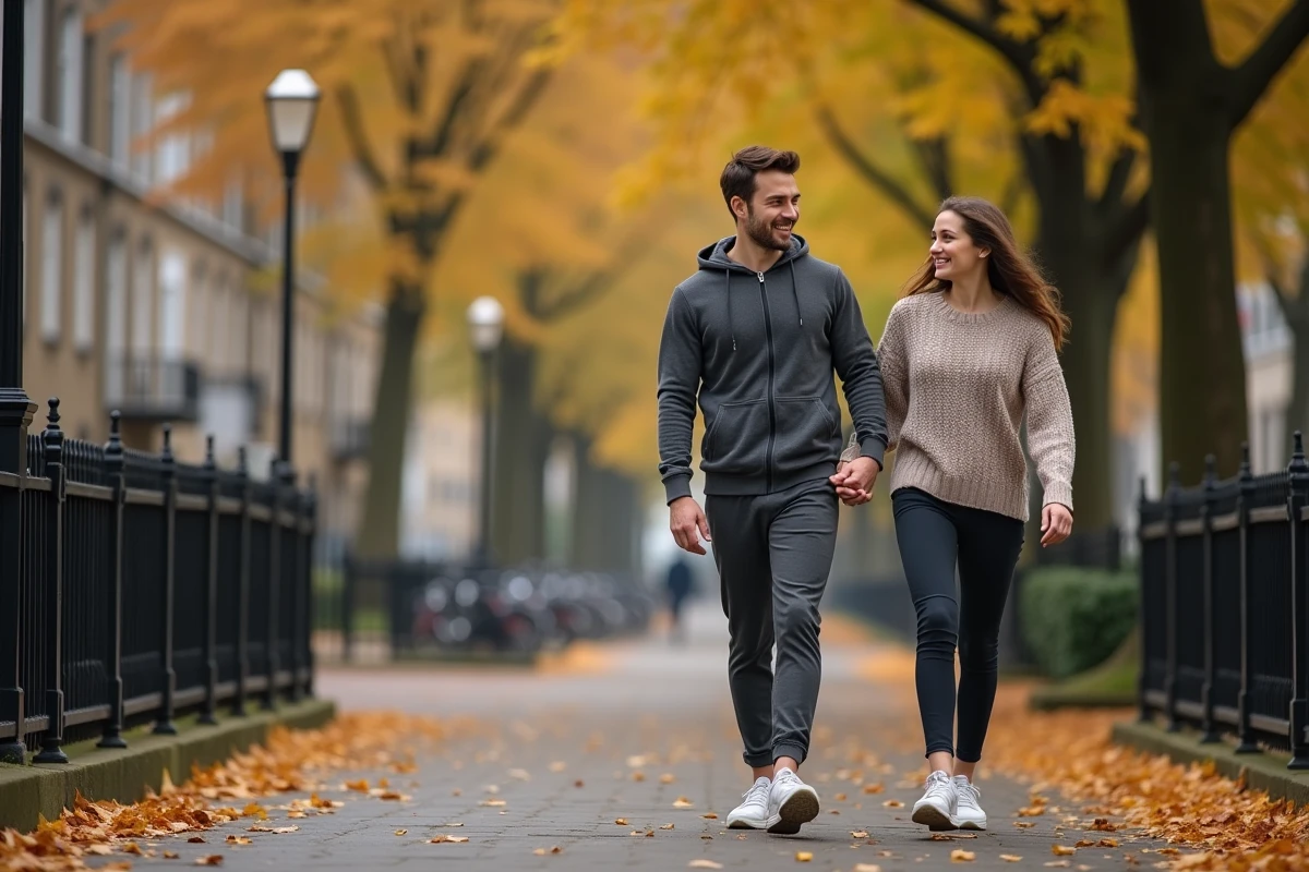 Couple se promenant main dans la main dans un quartier résidentiel, illustrant la vie privée de Johann Zarco loin des circuits
