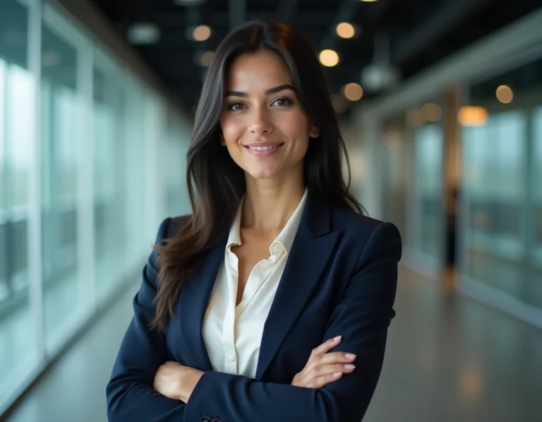 Femme brune élégante dans les coulisses d'un studio de télévision, évoquant le parcours professionnel de Kelly Vedovelli dans les médias