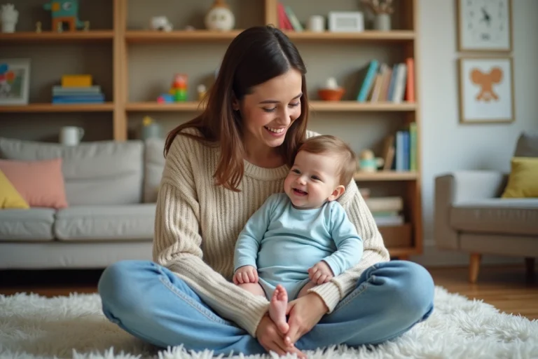 Maman et bébé en rire dans un salon chaleureux