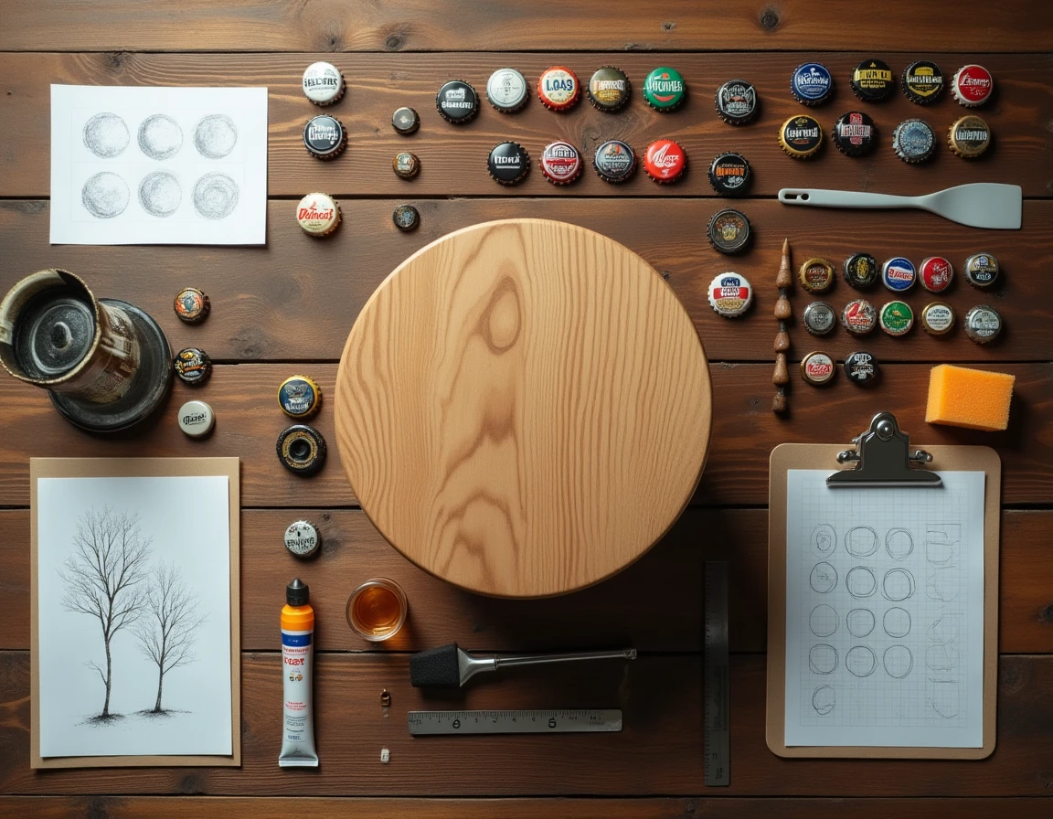 Vue aérienne des matériaux nécessaires pour coller des capsules de bière sur un tabouret en bois