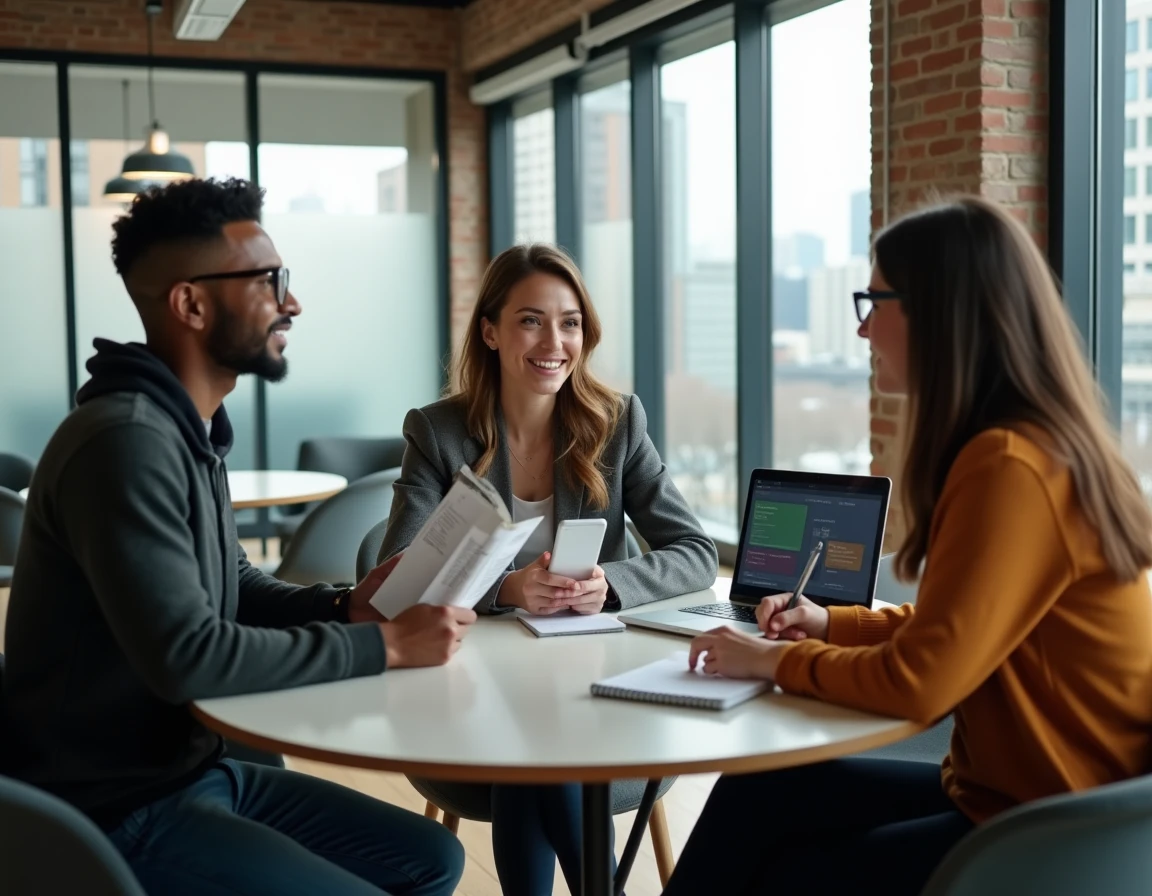 Groupe de jeunes professionnels explorant des métiers du numérique lors d'une session d'orientation en coworking