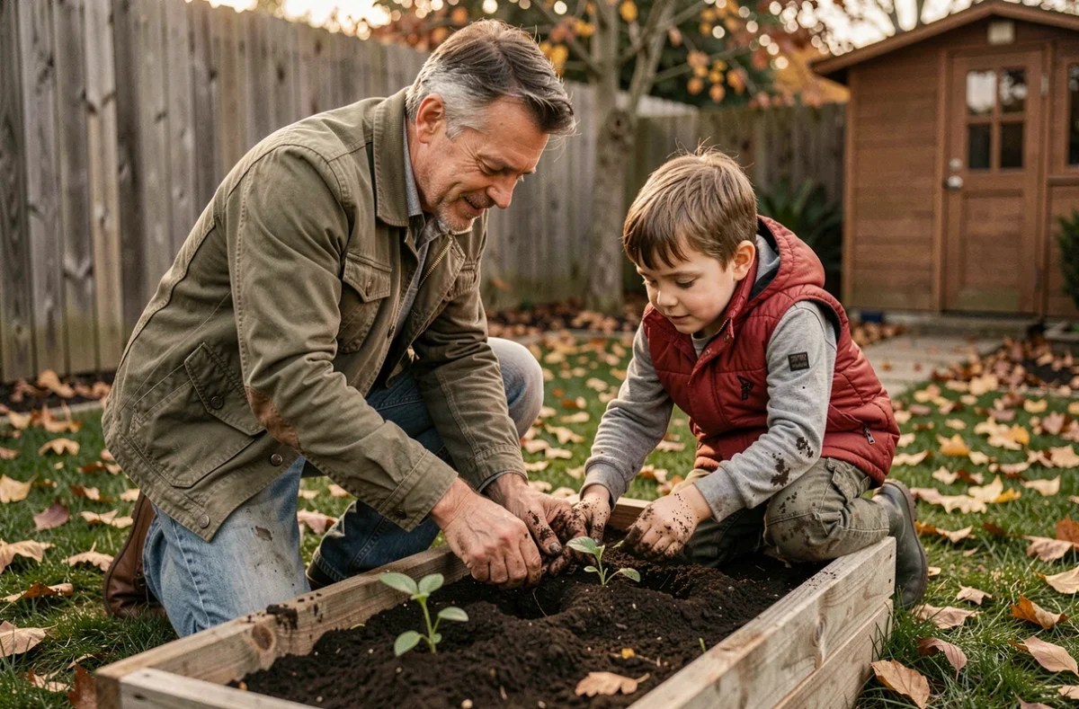 Père et fils plantant des semis ensemble dans le jardin familial en automne