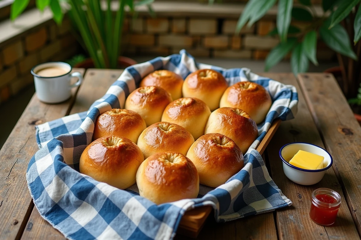 Plateau de pains au beurre antillais fraîchement cuits sur une terrasse créole avec beurre et confiture
