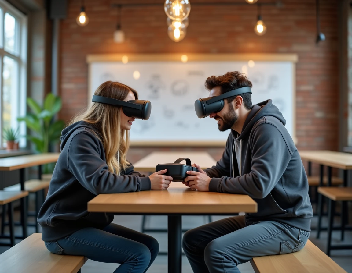 Deux jeunes professionnels examinant un casque de réalité augmentée dans un espace de coworking créatif, évoquant les dernières innovations technologiques