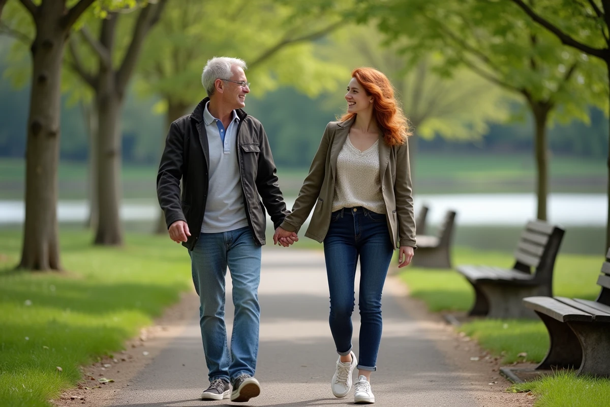 Couple marchant dans un parc en souriant