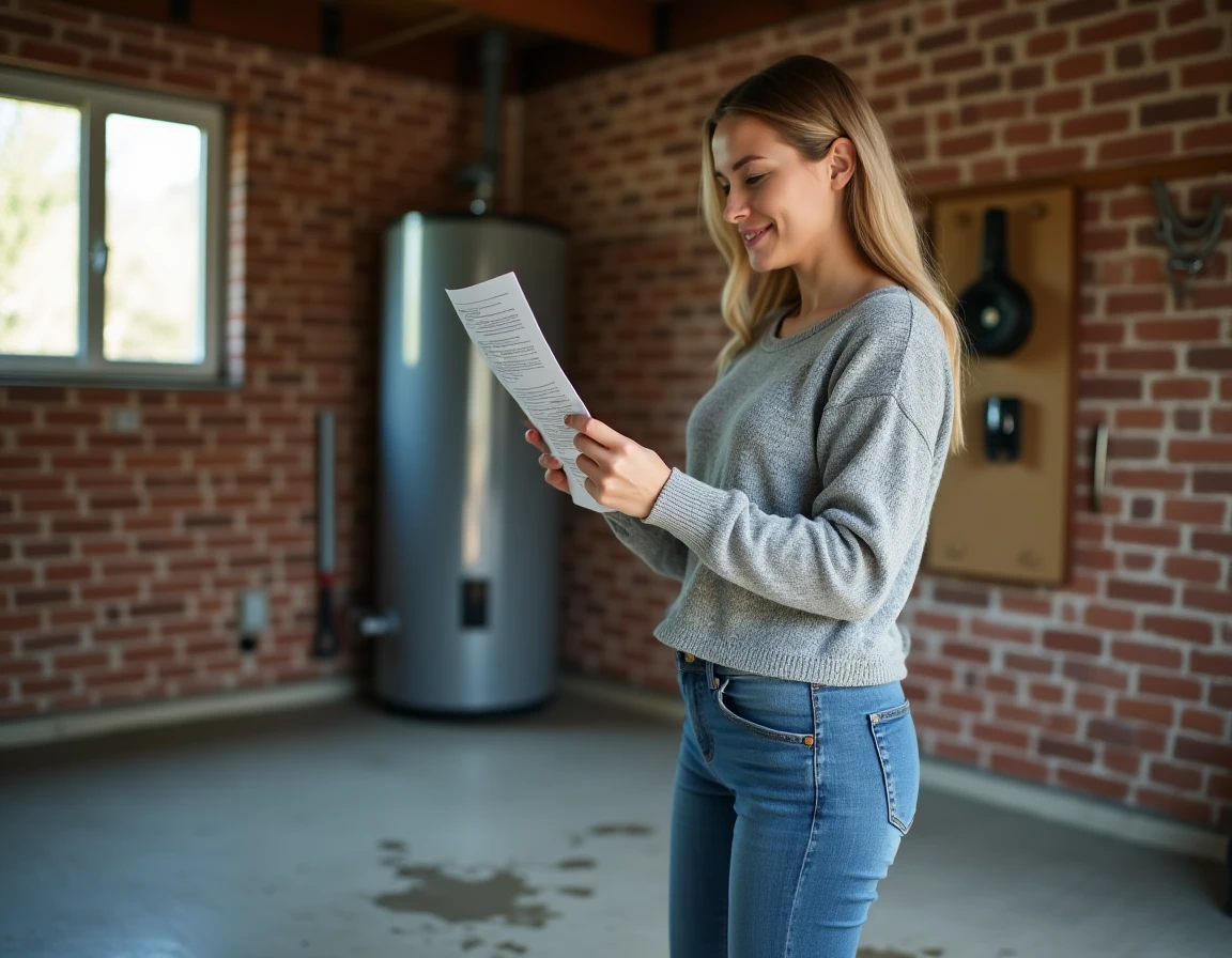 Propriétaire lisant une notice technique devant un chauffe-eau thermodynamique installé dans un garage