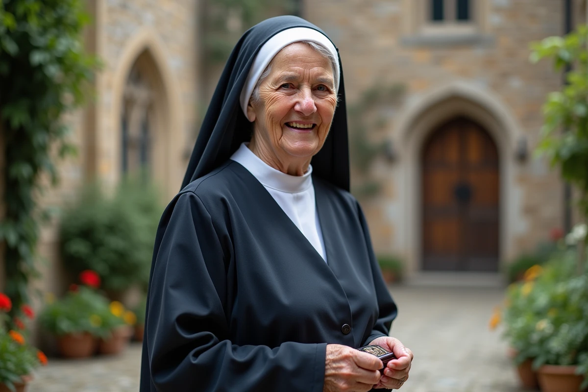 Soeur âgée souriant dans la cour du monastère