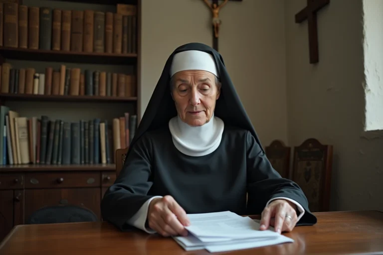 Soeur en habit de convente lisant des papiers dans un bureau
