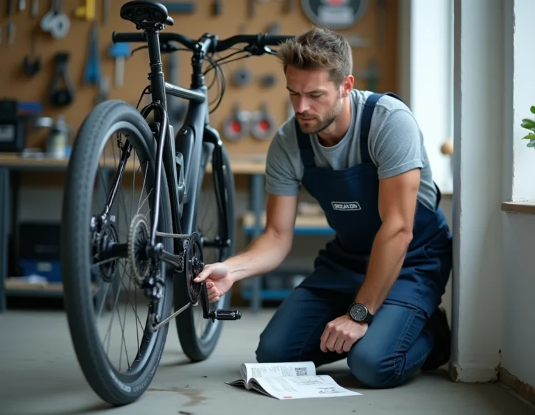 Technicien réparant un vélo électrique Decathlon dans un atelier, examinant le dérailleur avec des outils de réglage