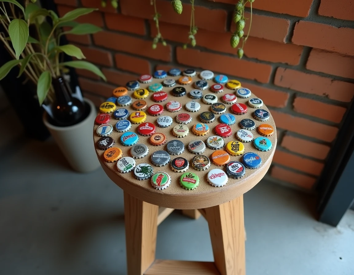 Tabouret décoré de capsules de bière vintage disposées en mosaïque sur fond de mur en brique