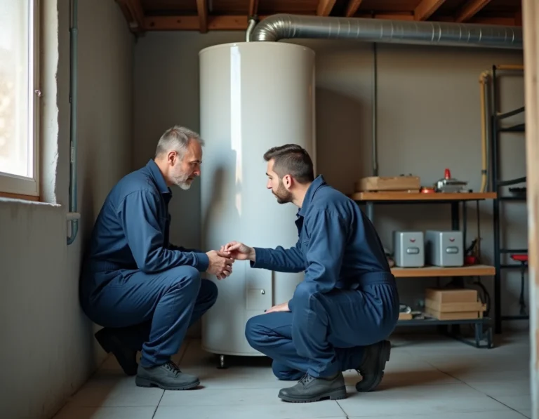 Technicien inspectant un chauffe-eau thermodynamique installé dans une buanderie avec des murs en béton