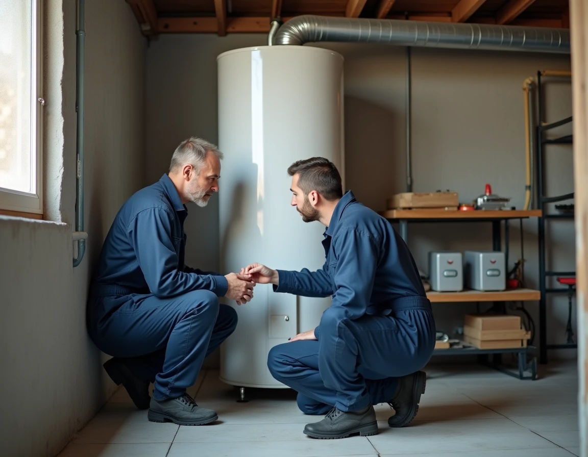 Technicien inspectant un chauffe-eau thermodynamique installé dans une buanderie avec des murs en béton