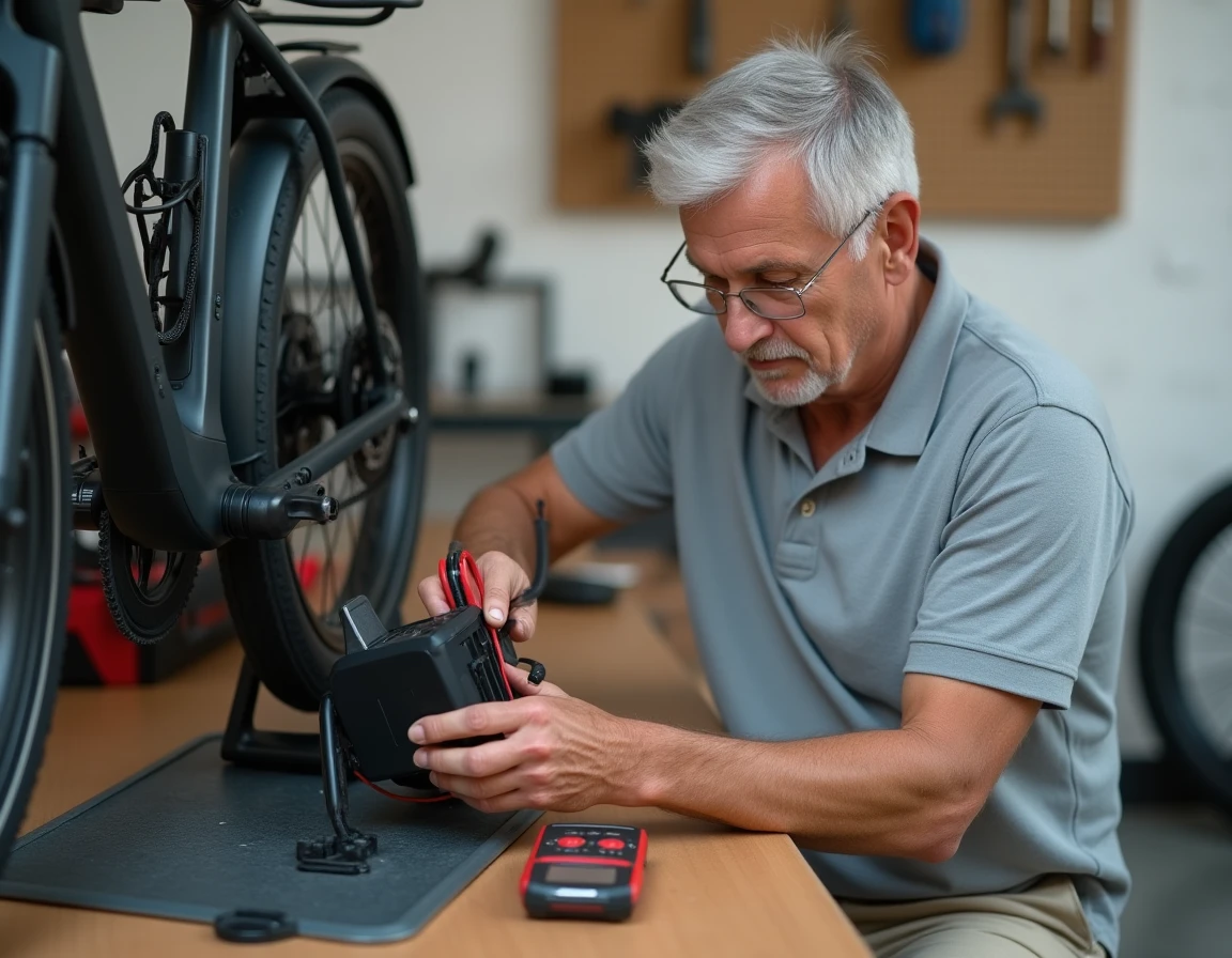 Homme vérifiant la batterie d'un vélo électrique Decathlon avec un multimètre dans un garage domestique